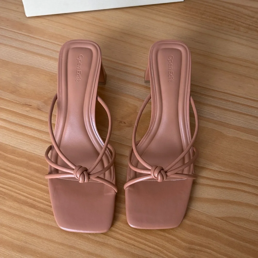 Open Edit Jamie‎ Square Toe Block Heel Sandal in Tan in Cashew Tan NEW IN BOX!